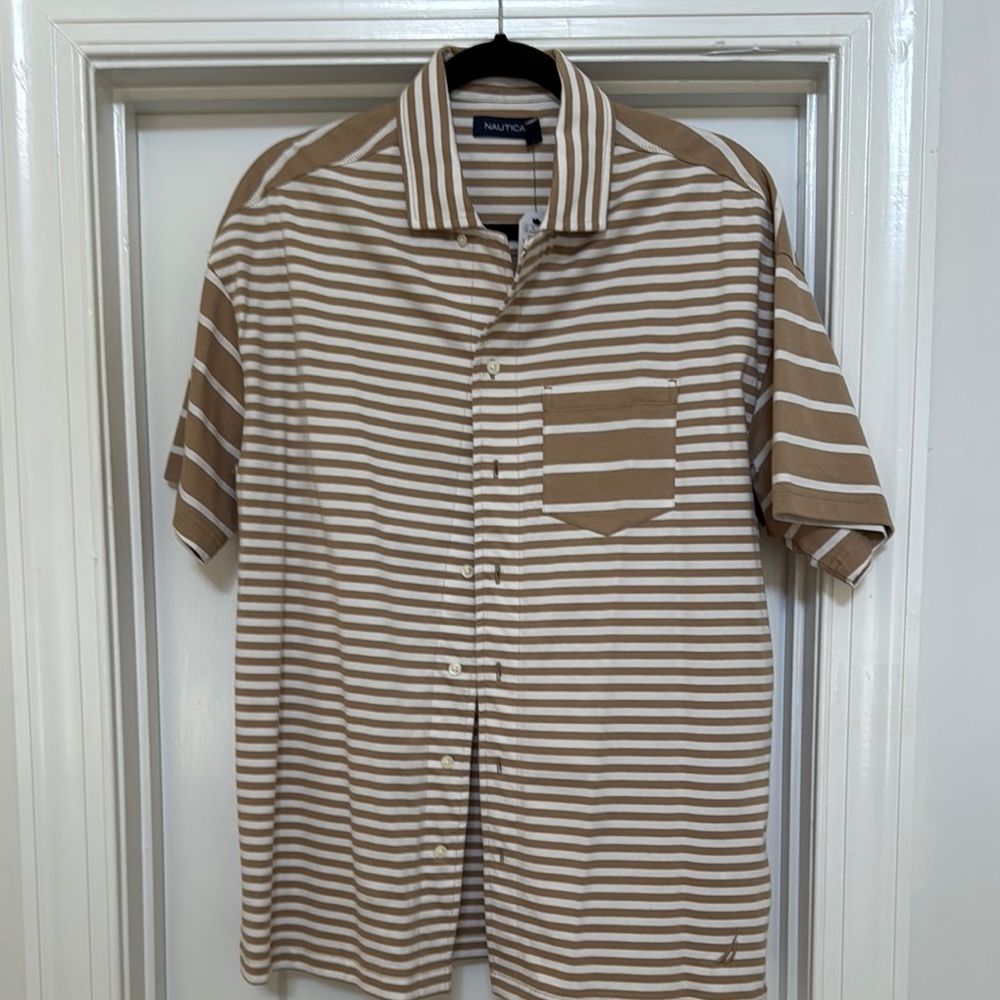 Nautica Brown and White Casual Button Down Shirt